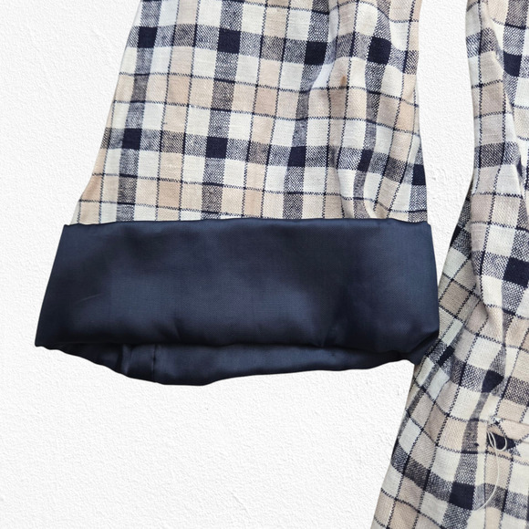 Y2K Vintage Cream Navy Plaid Linen Blend Satin Contrast Blazer Jacket Size 18 - Picture 4 of 11